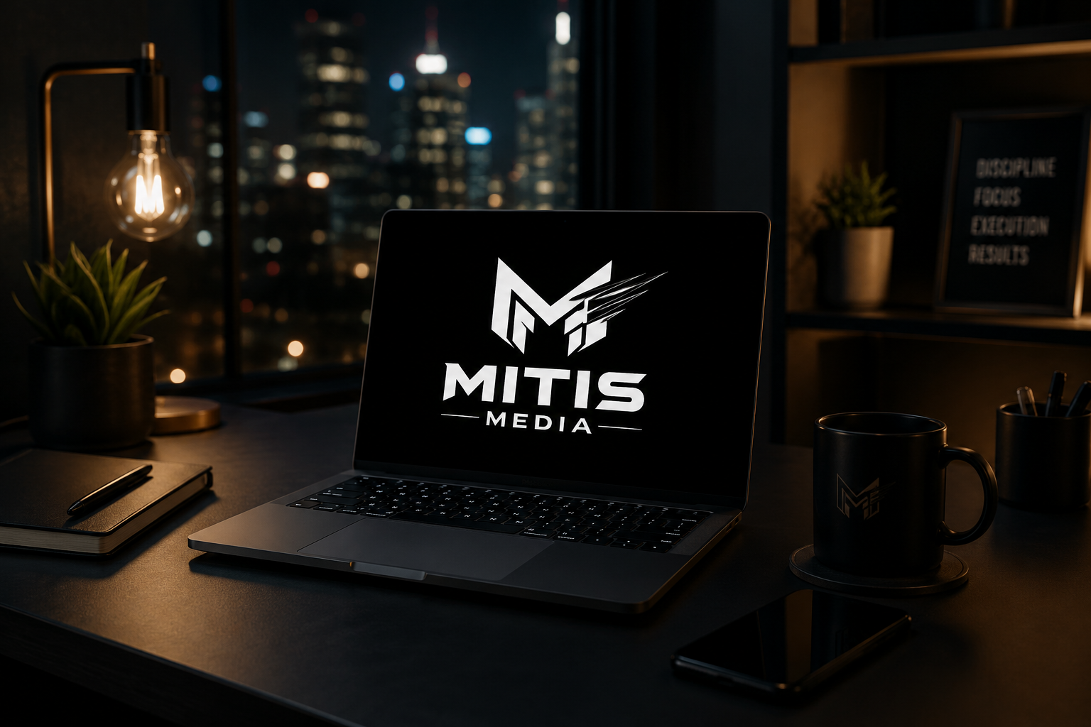 Mitis Media digital agency workspace with monitors and creative setup